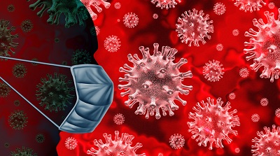 COVID-19 virus around person wearing mask