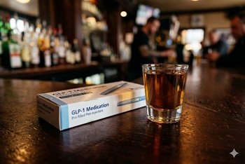 Wegovy injection next to a shot glass