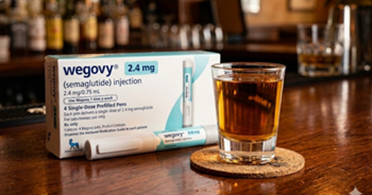 Wegovy injection next to a shot glass