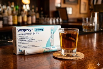 a Wegovy injection next to a shot glass